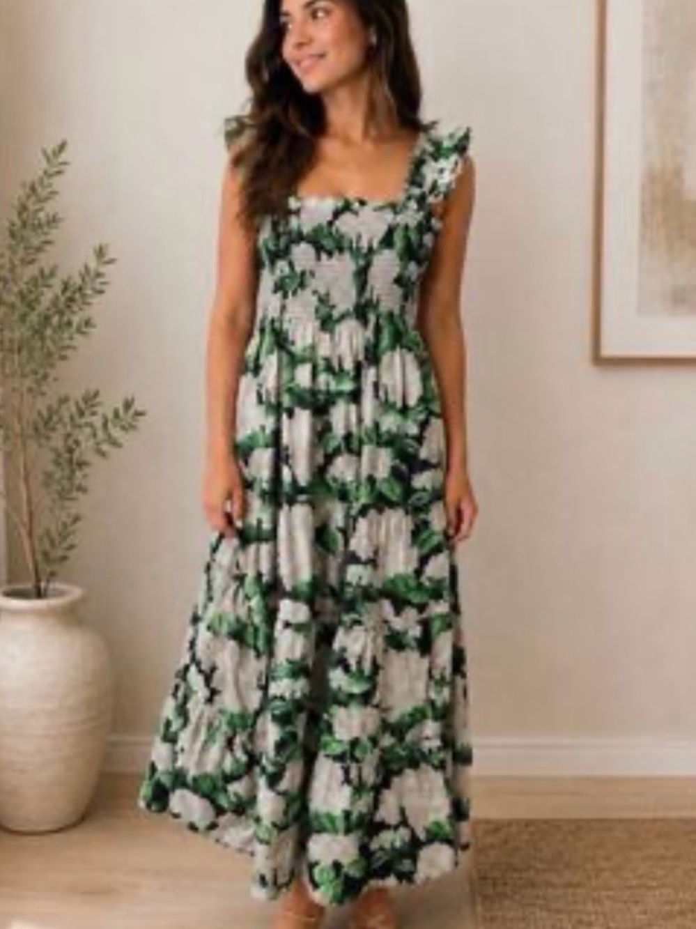 Green Floral Tiered Maxi Dress with Smocked Bodice